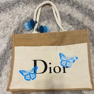Tan and Cream Tote with Blue Butterflies